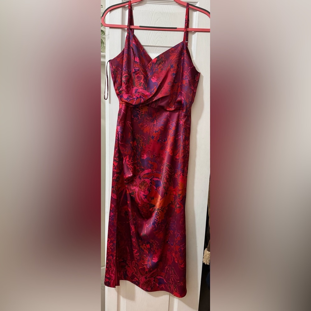 Pink Purple Floral Satin Midi Dress